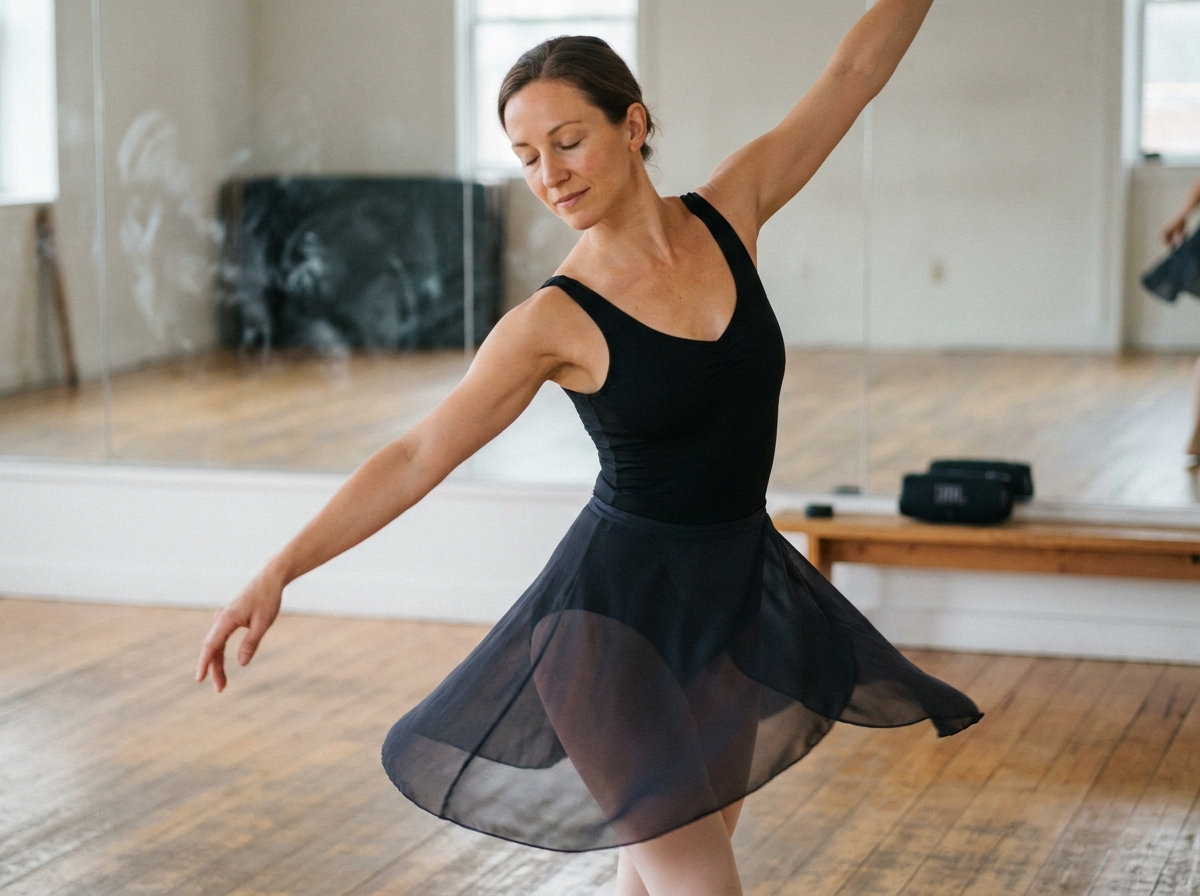 Femme en cours de danse contemporaine les yeux fermés, bras tendus, exprimant le lâcher-prise grâce à la musique en studio