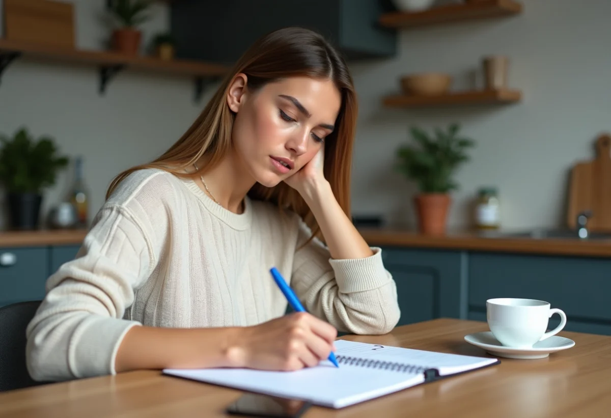 Jeune femme écrivant la lettre E sur un notepad