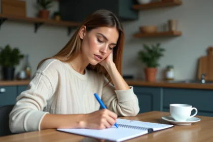 Jeune femme écrivant la lettre E sur un notepad