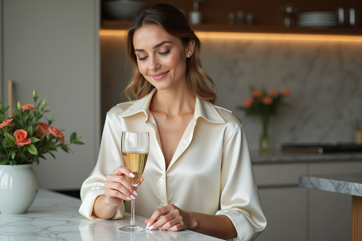 Femme élégante en blouse de soie ivoire tenant un coupe de champagne