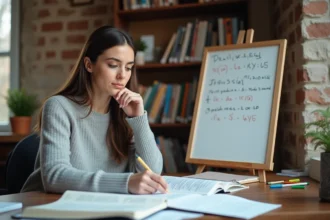 Femme étudiant une formule de force au bureau avec des notes manuscrites et un tableau blanc