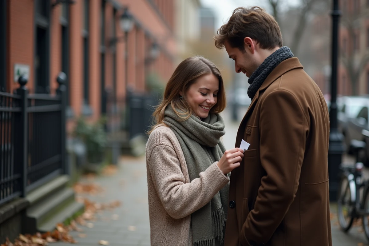 Femme dépose une note dans la poche du manteau de son partenaire