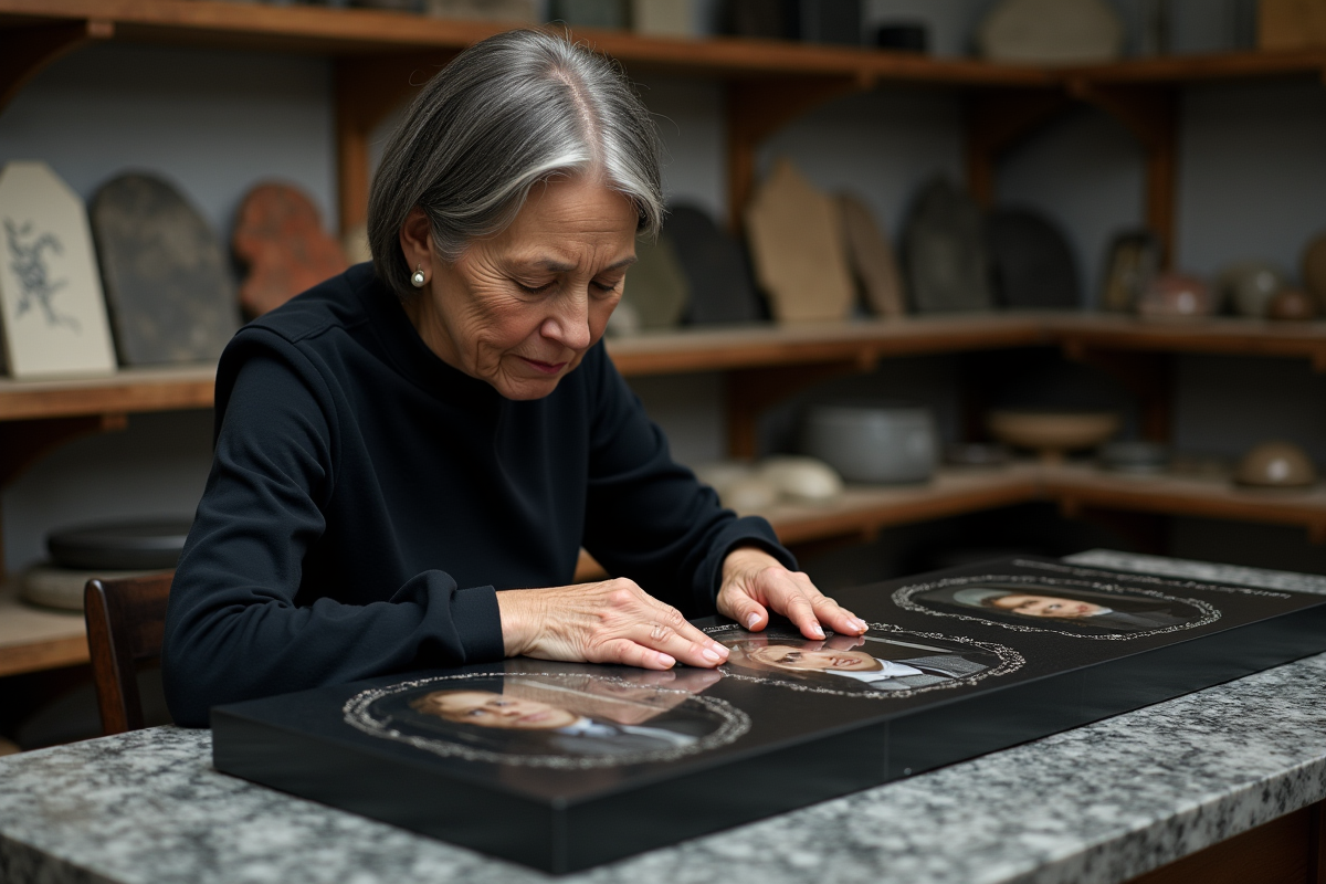 Femme modeste posant une photo de famille sur une plaque funéraire