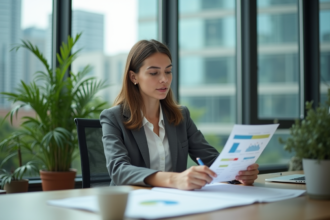 Femme d'affaires examinant un portefeuille d'investissement responsable