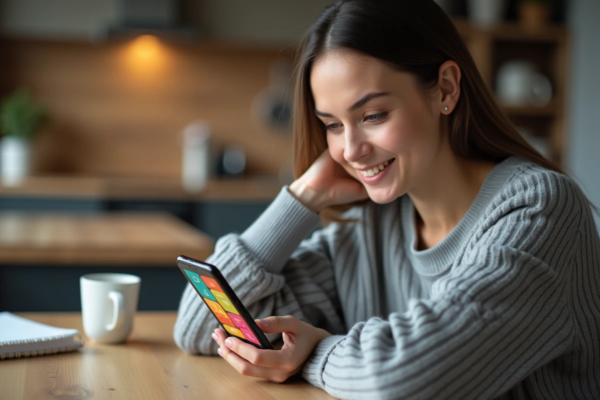 Femme jouant au jeu 4 Images 1 Mot sur smartphone avec un mot de 9 lettres affiché
