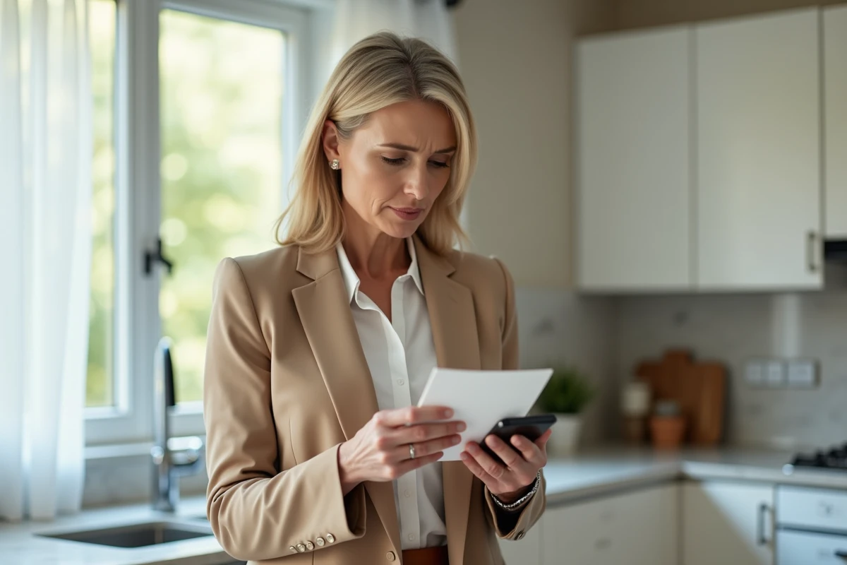 Femme lisant une lettre de notaire sur son smartphone dans une cuisine moderne