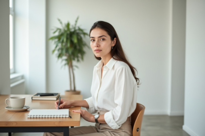 Jeune femme en bureau lumineux et minimaliste