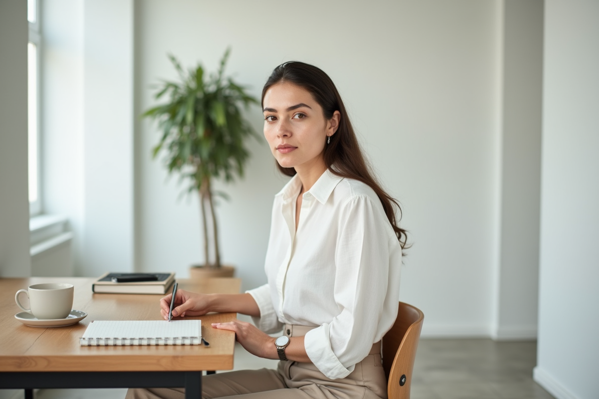 Jeune femme en bureau lumineux et minimaliste