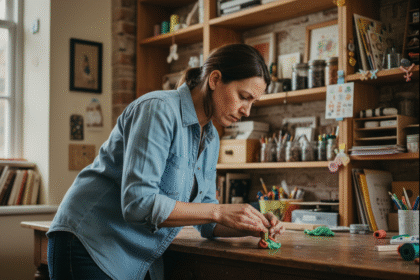 Femme en denim façonnant de l'argile dans un atelier cosy