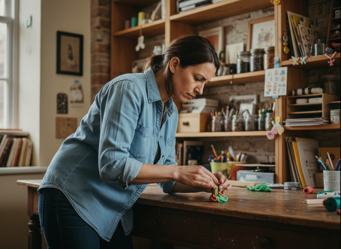 Femme en denim façonnant de l'argile dans un atelier cosy