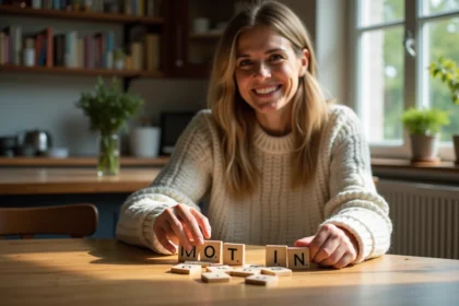 Femme souriante posant des tuiles Scrabble dans une cuisine chaleureuse