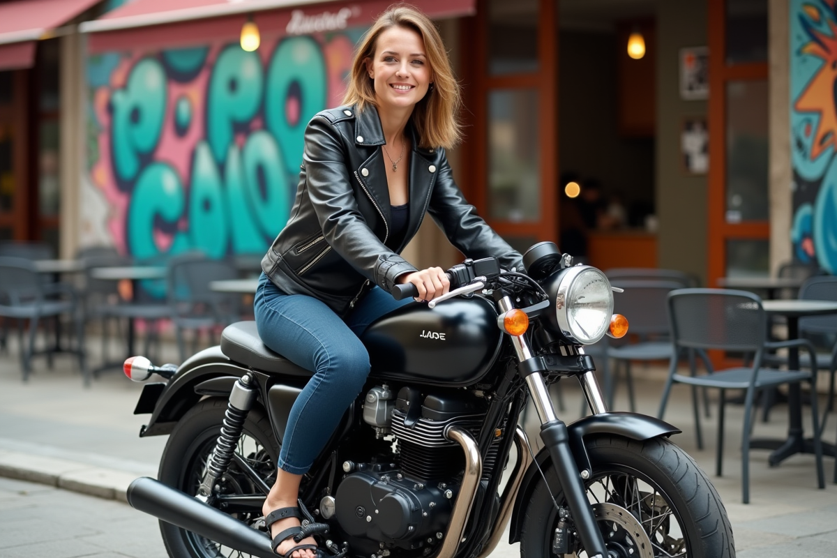 Femme souriante sur sa moto dans un café urbain coloré