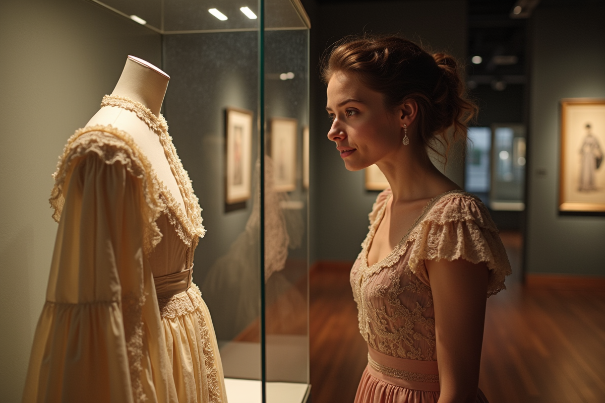 Jeune femme examinant un vêtement ancien dans un musée