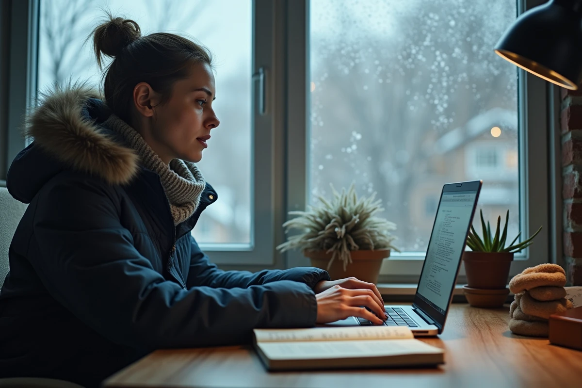 Femme en intérieur tapant sur un ordinateur dans ambiance hivernale