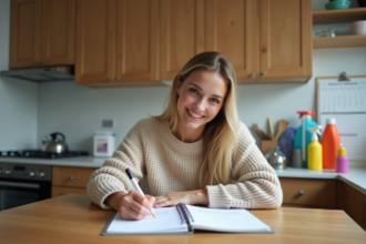Femme écrivant un planning de tâches dans la cuisine moderne