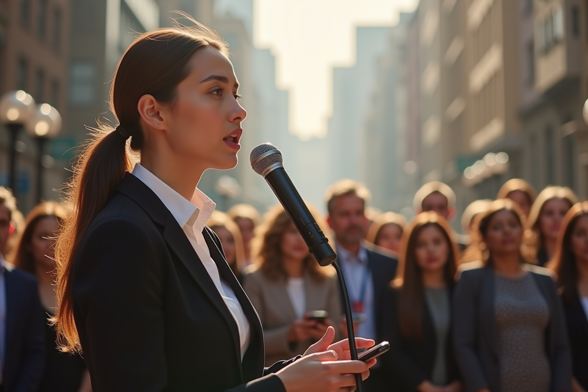 Jeune femme parlant dans la rue urbaine en pleine journée