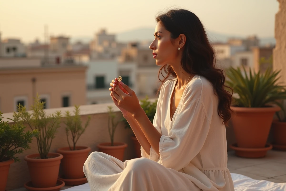 Femme contemplant un pendentif scarabée doré sur terrasse méditerranéenne, symbolisme amour et spiritualité égyptienne