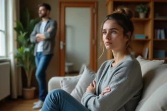 Femme pensive assise sur un canapé après une dispute de couple, homme en arrière-plan, tension émotionnelle dans un salon chaleureux