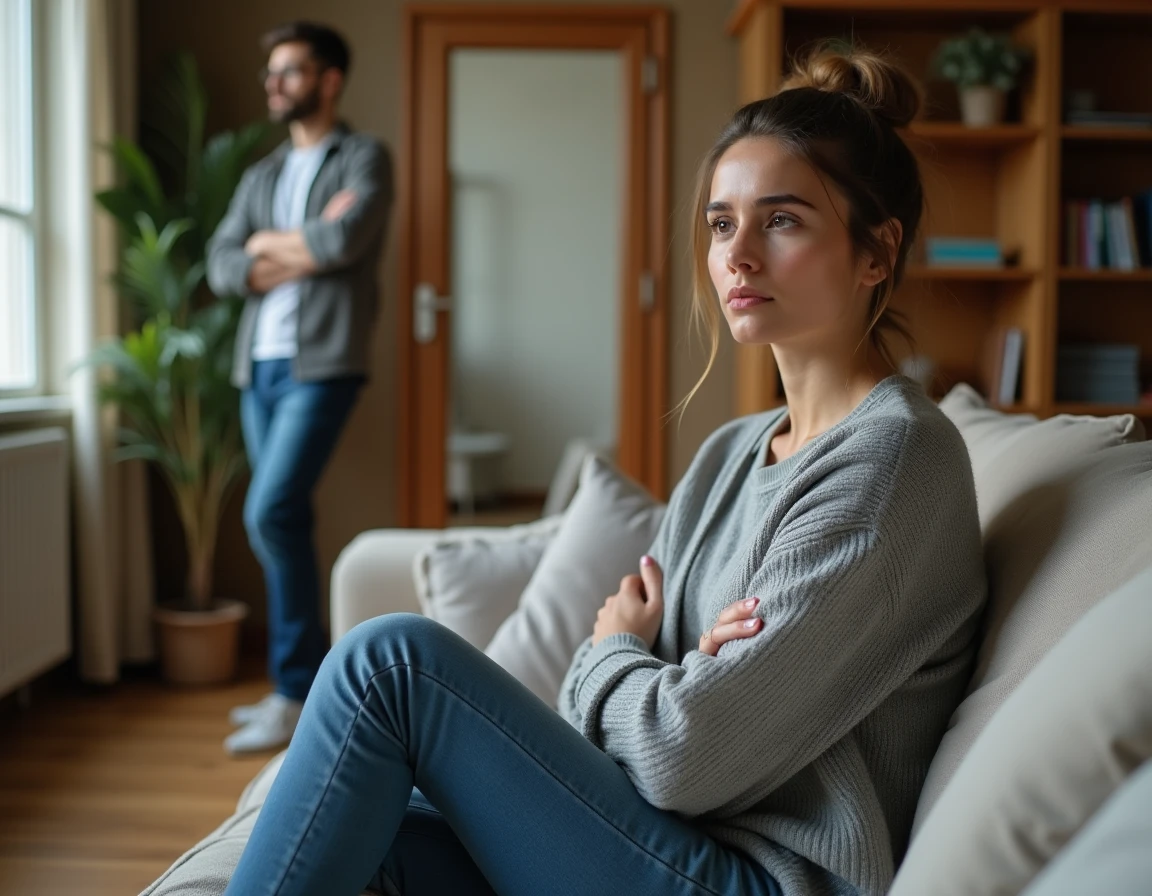 Femme pensive assise sur un canapé après une dispute de couple, homme en arrière-plan, tension émotionnelle dans un salon chaleureux