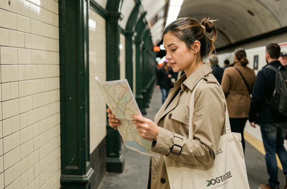 Femme consultant un plan simplifié du métro de Paris sur un quai avec carrelage blanc typique