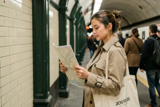 Femme consultant un plan simplifié du métro de Paris sur un quai avec carrelage blanc typique