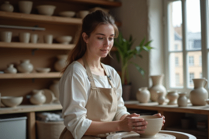 Jeune femme façonnant une coupe en argile dans un atelier parisien