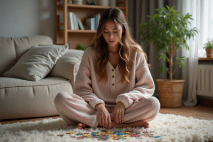 Jeune femme en loungewear assemble un puzzle coloré dans un salon chaleureux