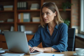 Femme rédigeant un email à un notaire sur son ordinateur portable dans un bureau à domicile