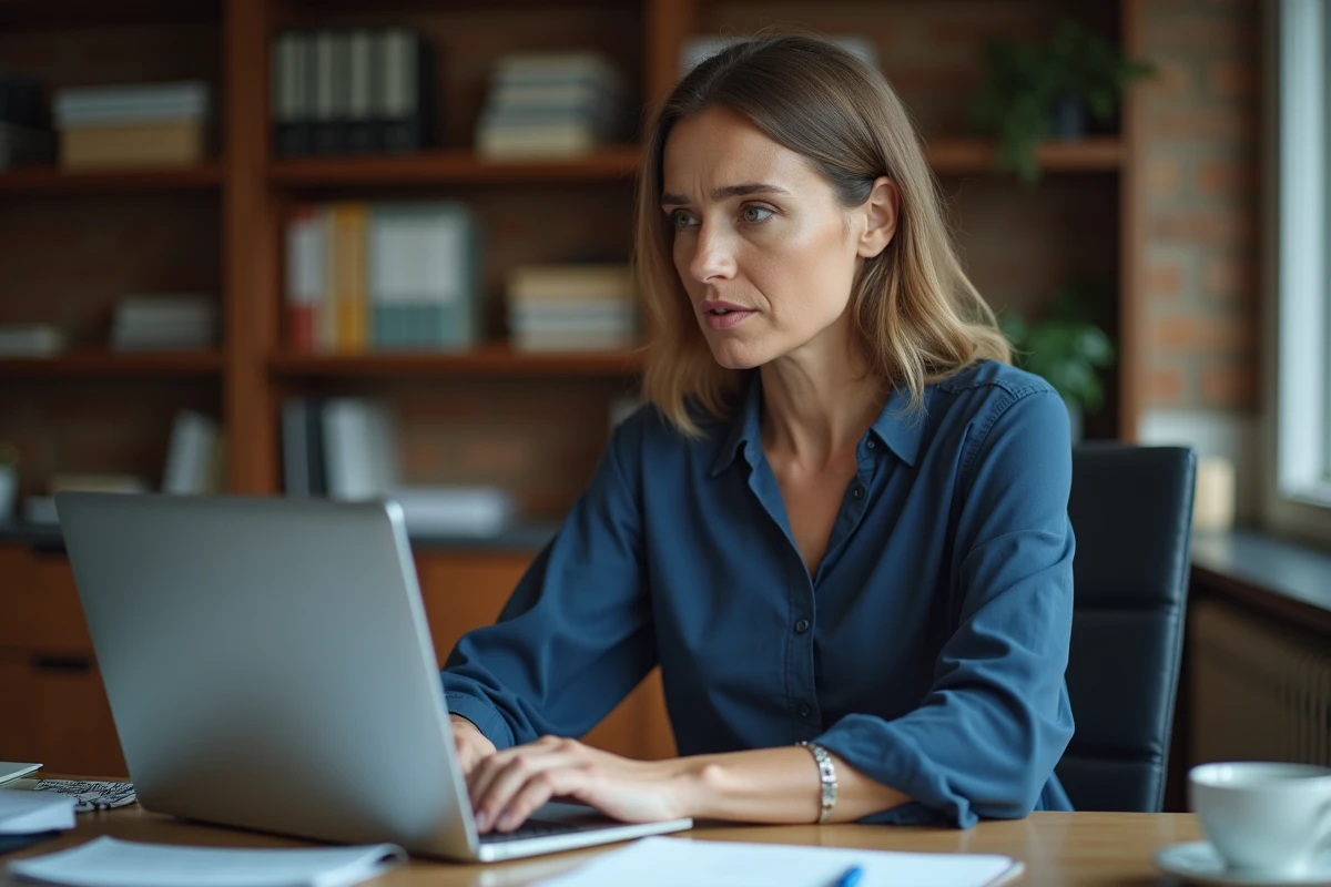 Femme rédigeant un email à un notaire sur son ordinateur portable dans un bureau à domicile