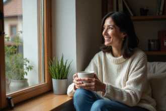 Femme assise près d'une fenêtre dans un intérieur cosy