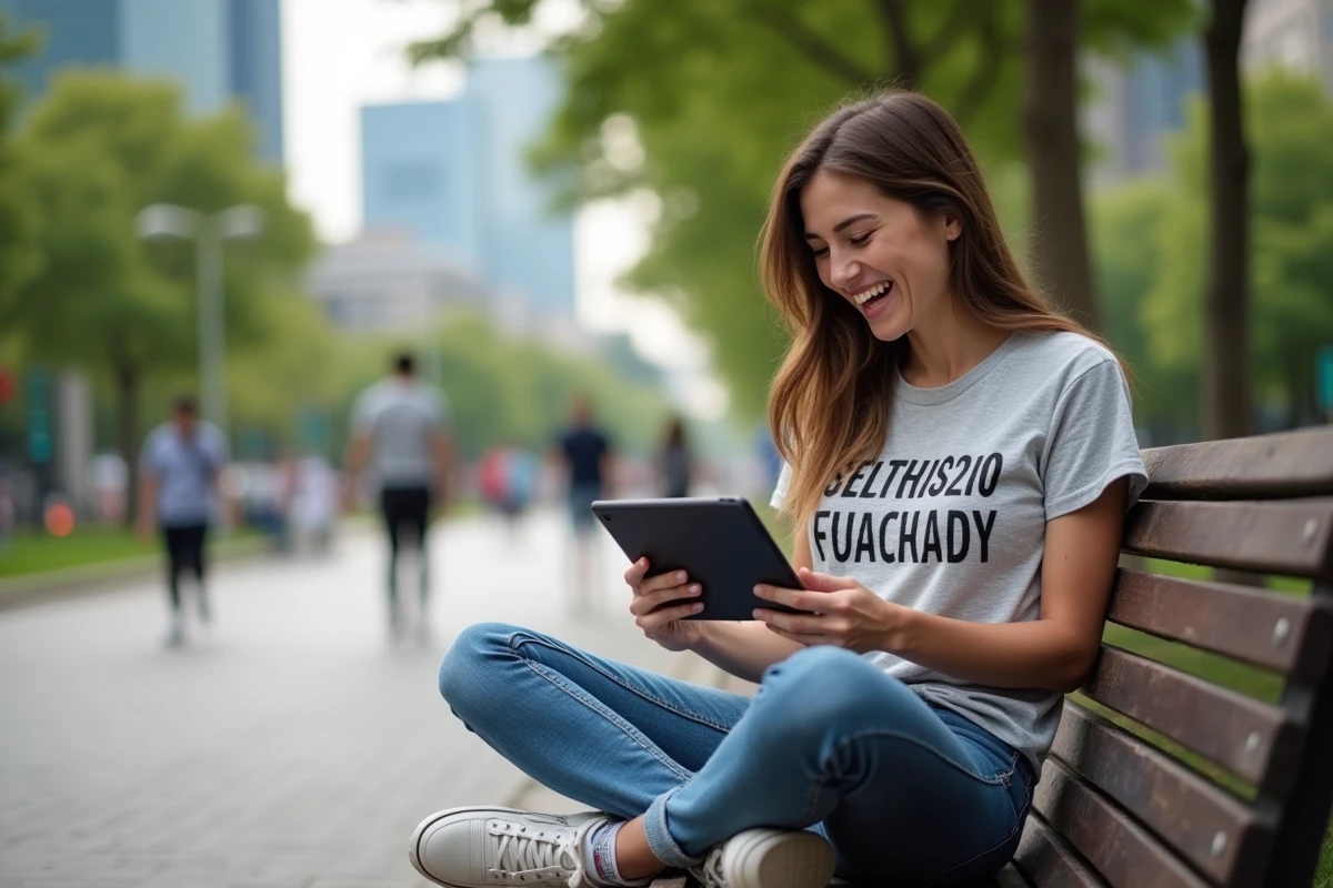 Jeune femme riant sur un banc de parc en utilisant une tablette