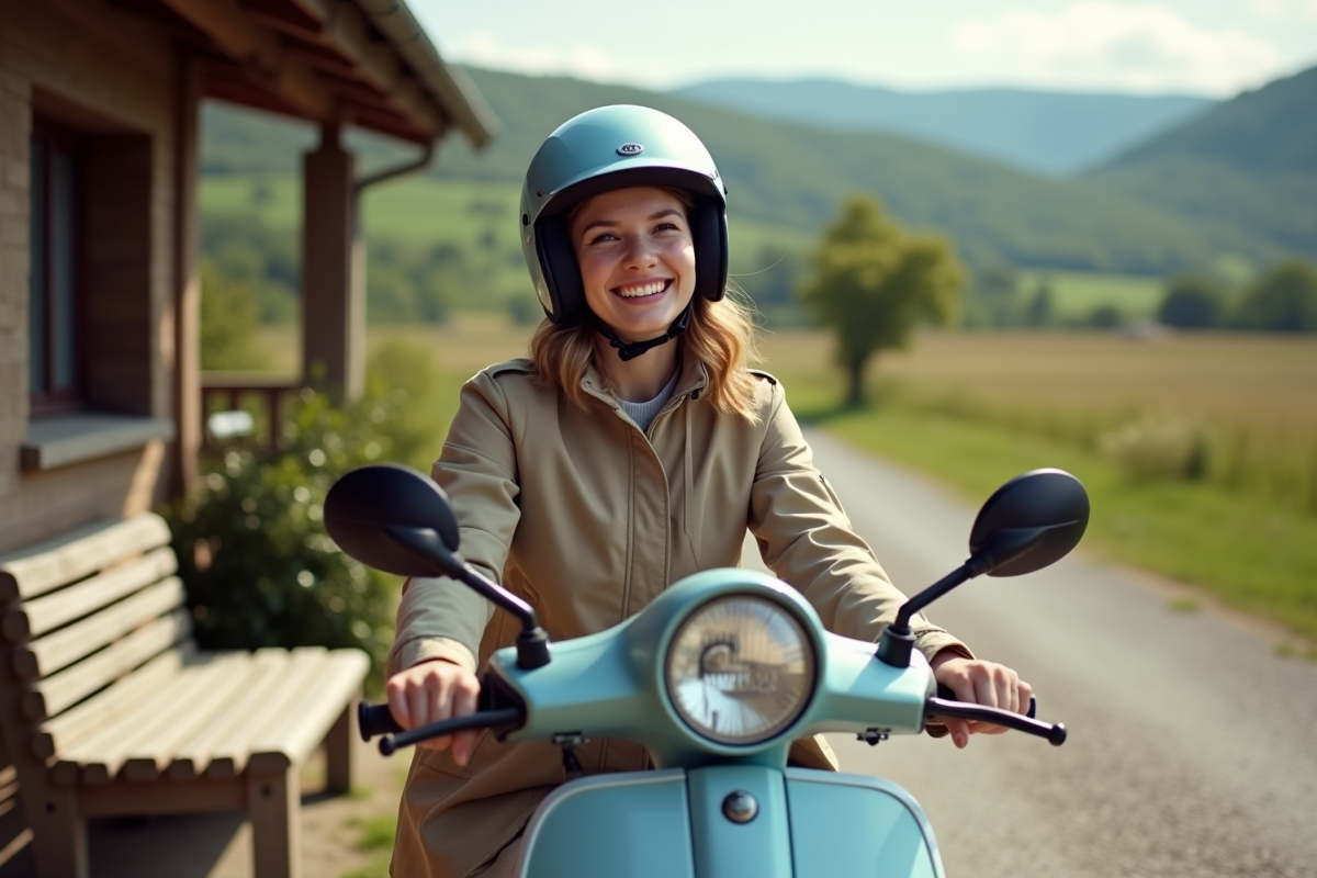 Femme avec scooter près d un café rural