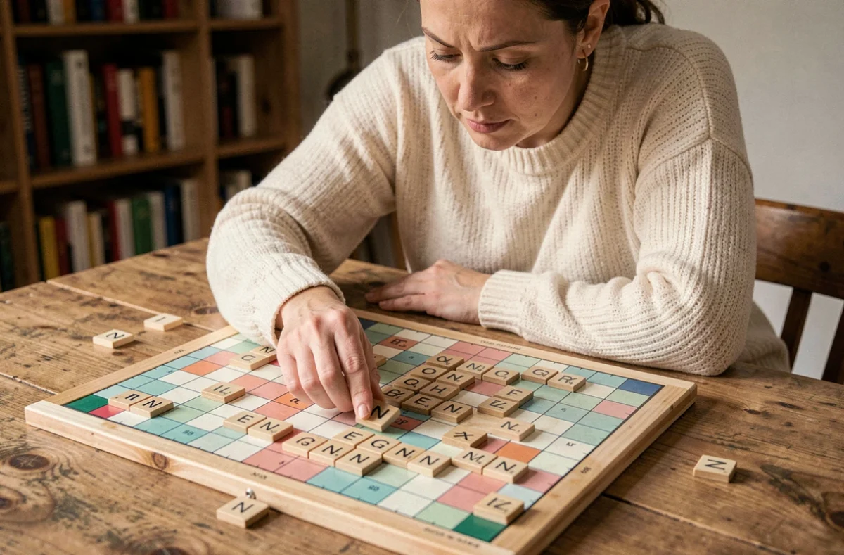 Femme concentrée plaçant des lettres sur un plateau de Scrabble en bois dans un intérieur chaleureux