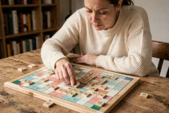 Femme concentrée plaçant des lettres sur un plateau de Scrabble en bois dans un intérieur chaleureux