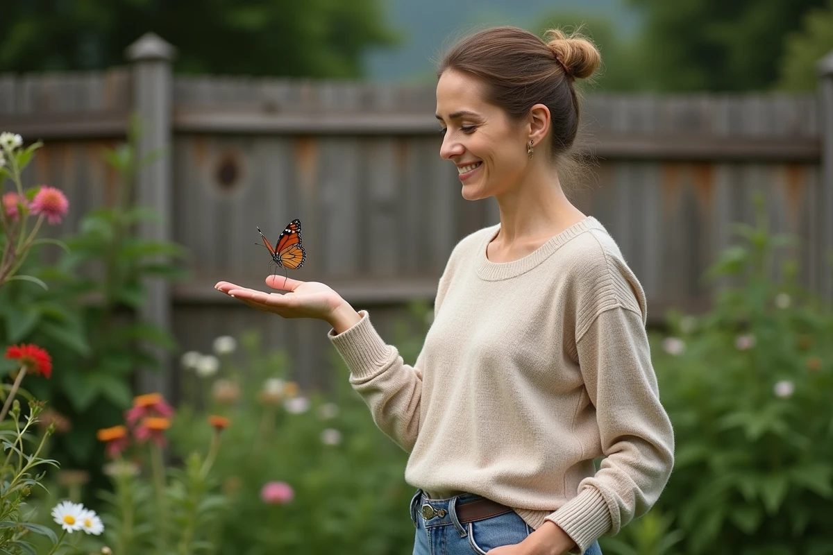 Femme avec papillon sur la main dans un jardin