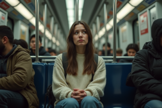 Jeune femme dans le métro en solo avec expression pensive