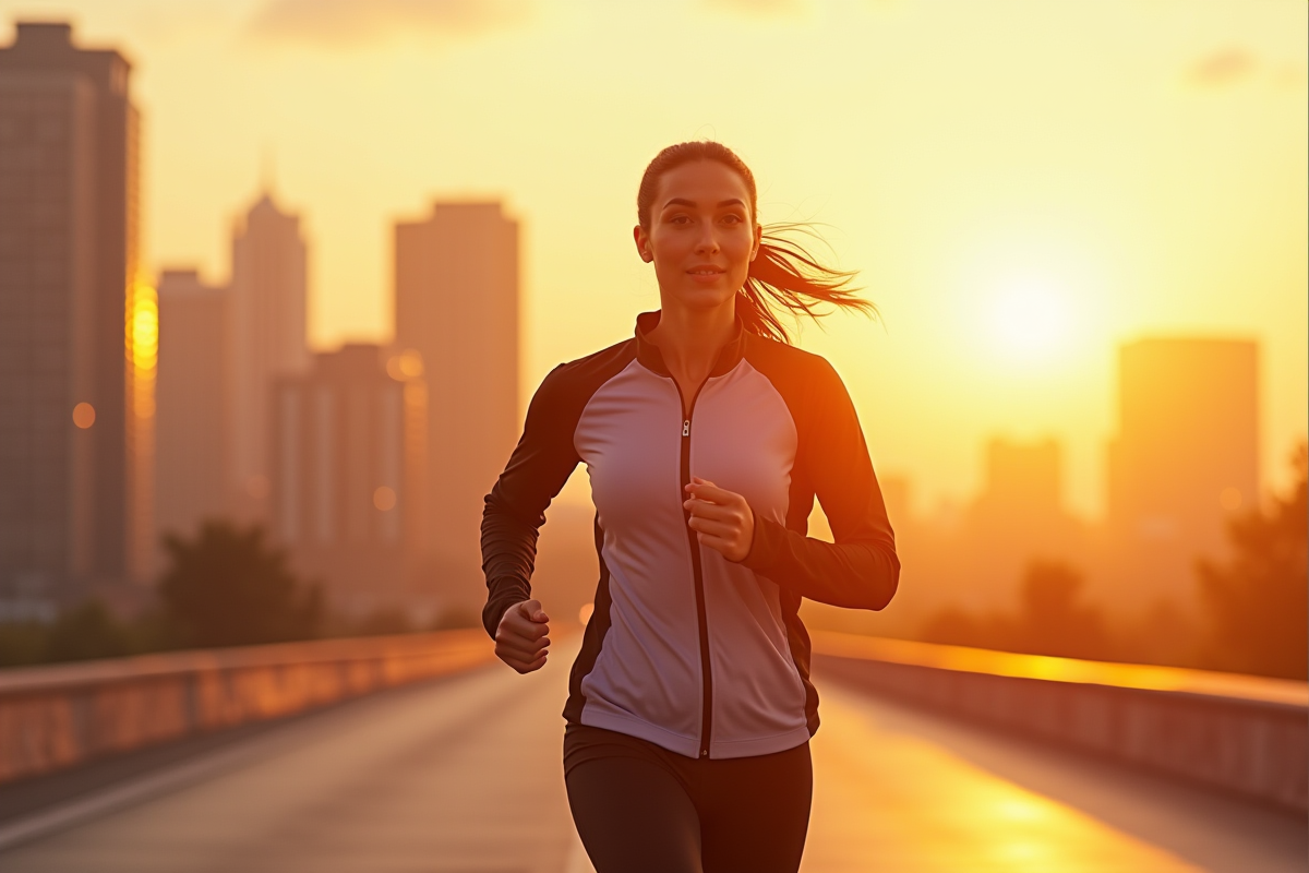Femme sportive courant en ville au lever du soleil avec vêtements high-tech