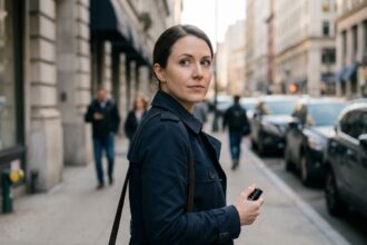 Femme tenant un spray de défense dans une rue urbaine animée, illustrant les bonnes pratiques de sécurité personnelle en milieu urbain
