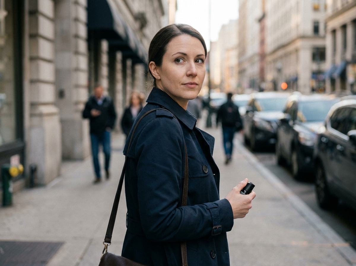 Femme tenant un spray de défense dans une rue urbaine animée, illustrant les bonnes pratiques de sécurité personnelle en milieu urbain