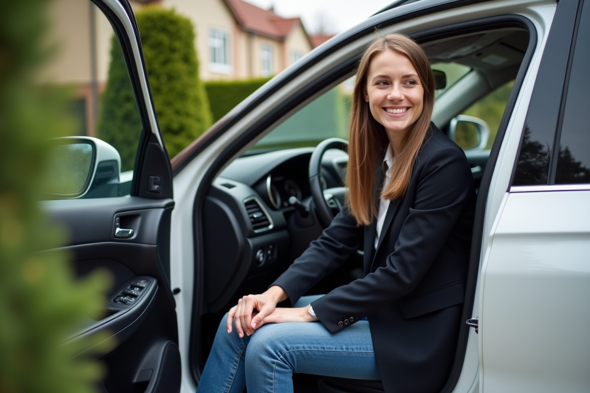 Jeune femme dans la voiture SUV au style décontracté