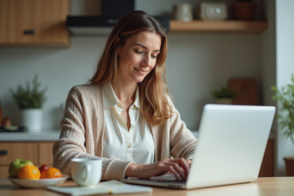 Femme utilisant son ordinateur dans une cuisine chaleureuse