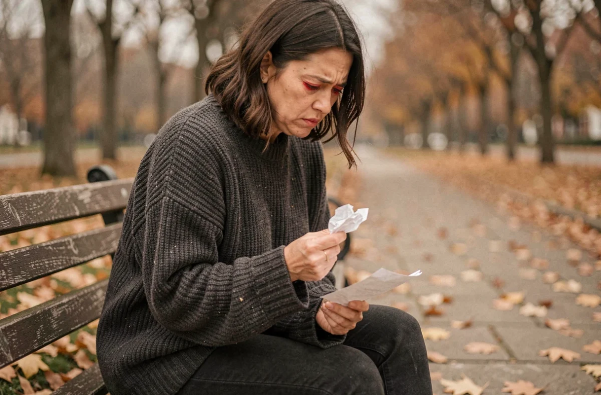 Femme seule sur un banc en automne tenant une lettre froissée, expression de tristesse et de colère retenue, illustration d'une citation triste sur le pardon impossible