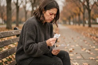 Femme seule sur un banc en automne tenant une lettre froissée, expression de tristesse et de colère retenue, illustration d'une citation triste sur le pardon impossible