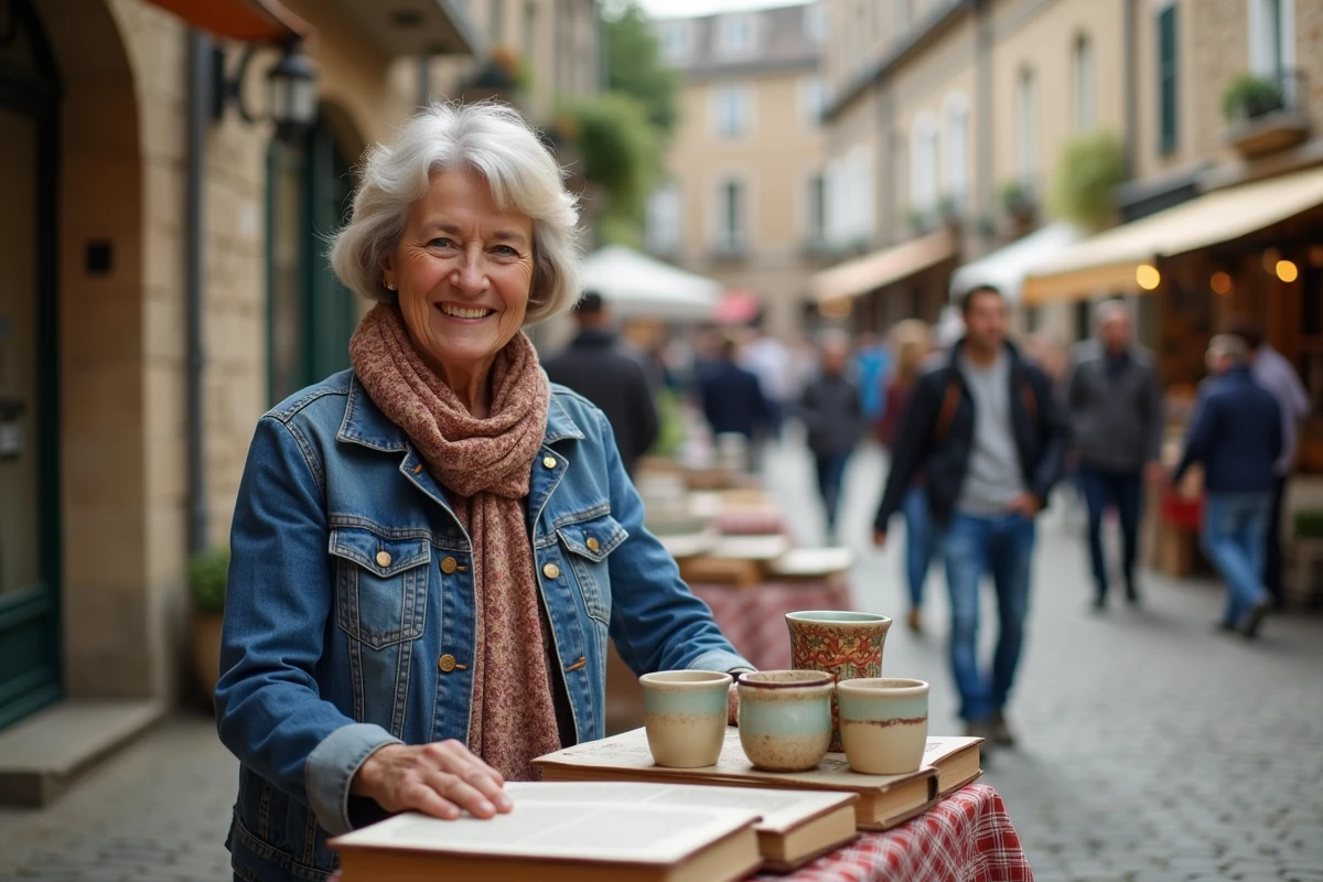 Femme souriante avec foulard et veste en jean à la brocante