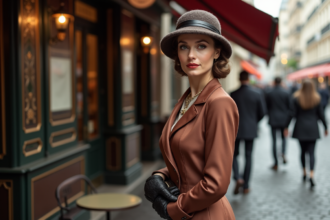Femme élégante en robe silk 1930s devant café parisien