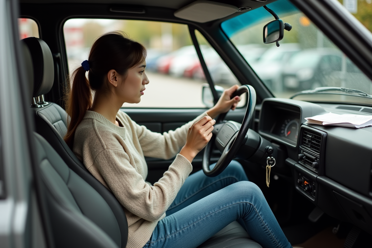 Jeune femme examine un tableau de bord de voiture en panne