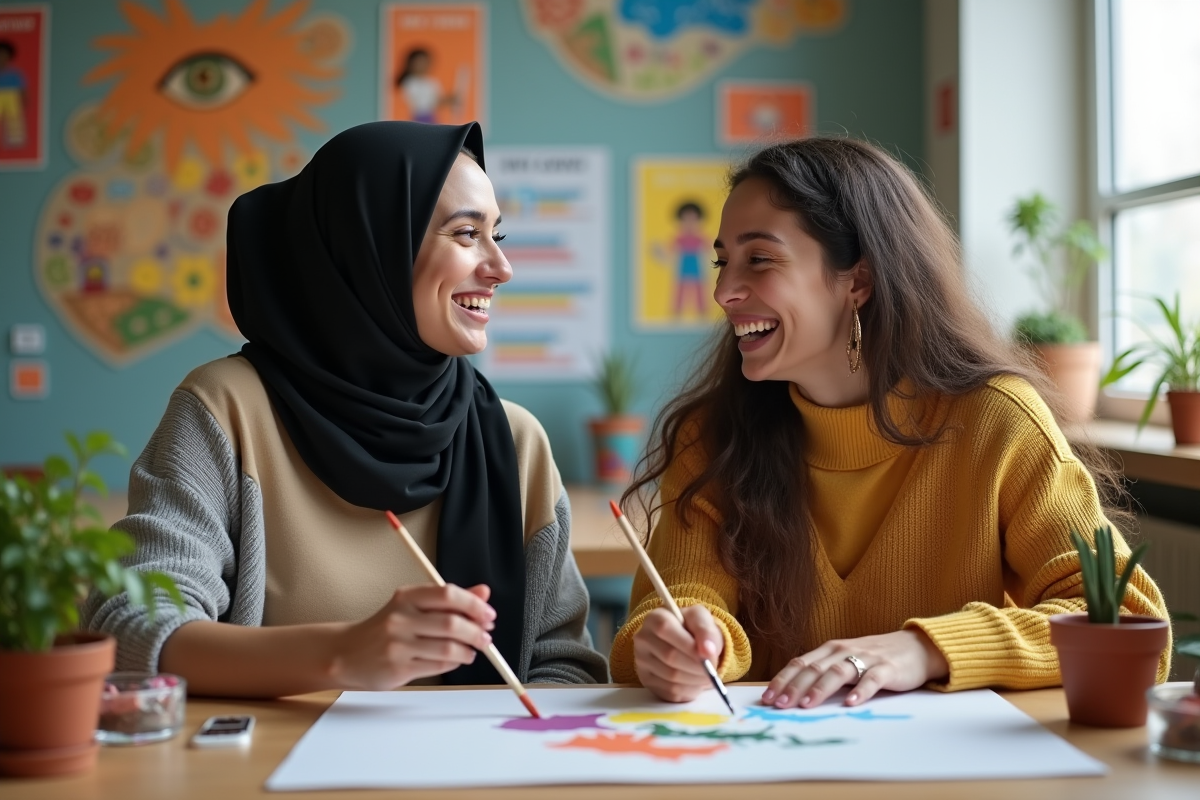 Deux femmes collabore pour peindre un mural dans un centre communautaire