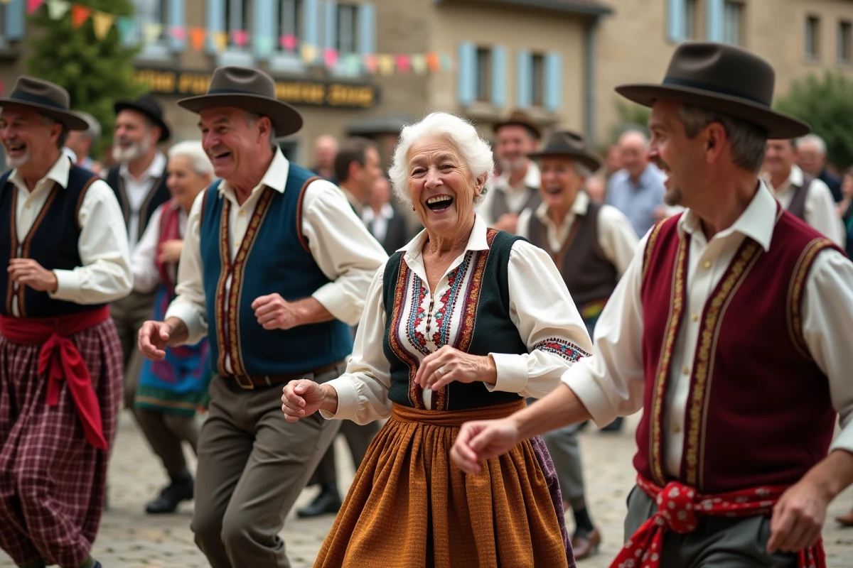 Groupe de villageois dansant la farandole lors d'une fête traditionnelle