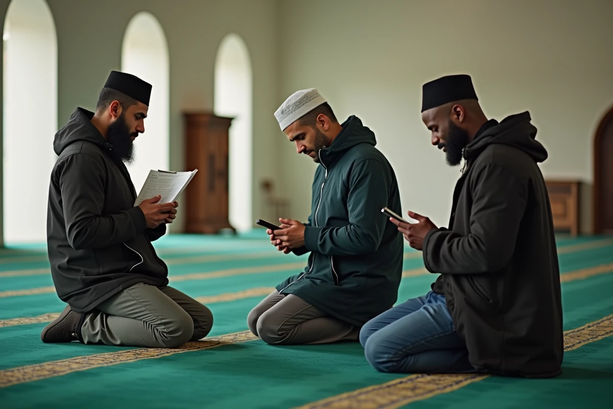 Fidèles consultant le calendrier des prières dans la salle de prière d'une mosquée à Argenteuil