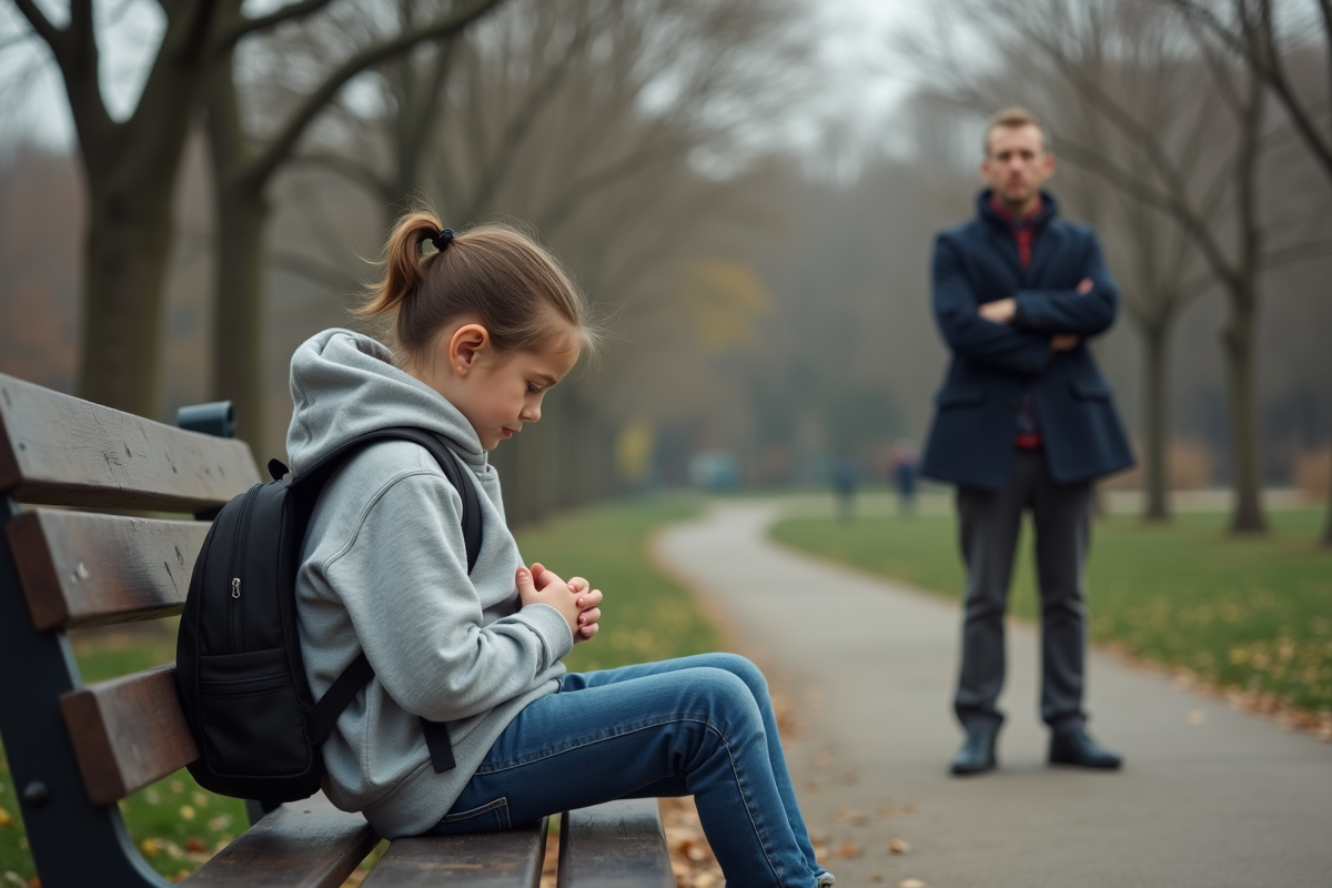 Fille seule sur un banc de parc en automne